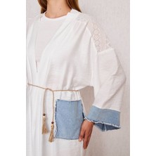 TWILLS Kimono  Elbise Kot Garnili Detay Uzun Cepli Kuşaklı Keten Kadın Twılls
