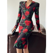 Kiki Locle Slim Kırmızı Güllü - Asil Duruş Neşeli Dar Kalıp Elbise