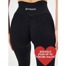 Gymhams Kalçası Büzgülü Premium Fitilli Ekstra Push Up Yüksek Bel Esnek Ve Toparlayıcı Spor Tayt