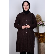 Ferace 8929-1 Kahverengi Kadın Rahat Kesim Büyük Beden Düğmeli Viskon Yaprak Desenli Tunik