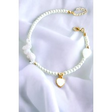 Sose Moda Beyaz Kalp Detaylı Kırık Doğal Taşlı Bileklik