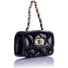 Nas Bag Orjinal Mini El ve Cüzdan Çanta Kapitone Zincir Detaylı - Siyah Rugan