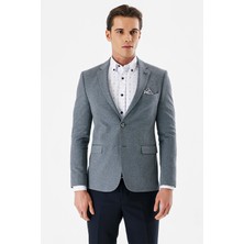İmza Lacivert Desenli Mono Yaka Çift Yırtmaç Likralı 6 Drop Slim Fit Dar Kesim Klasik Ceket 1002240151
