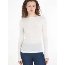 Tommy Hilfiger Kadın Marka Logolu Uzun Kollu Slim Fit Beyaz T-Shirt WW0WW39788-YBL