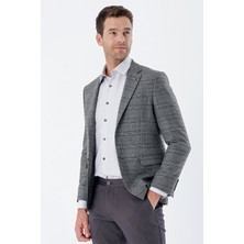 İmza Koyu Antrasit Ekoseli Mono Yaka Astarlı Çift Yırtmaç 6 Drop Slim Fit Dar Kesim Klasik Ceket 1002235134