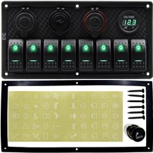 Bfy Switch Panel 8'li +Usb+Plastik Çakmaklık+ Çakmak+ Voltmetre Yeşil