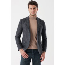 İmza Koyu Antrasit Desenli Mono Yaka Astarlı Çift Yırtmaç 6 Drop Slim Fit Dar Kesim Klasik Ceket 1002235132