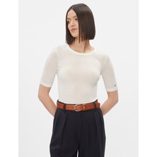 Tommy Hilfiger Kadın Yuvarlak Yaka Slim Fit Kısa Kollu Yazlık Beyaz T-Shirt WW0WW39789-YBL