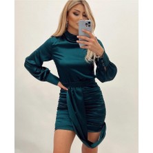 Kiki Newcollettin Saten -Kollu Mini Dökümlü Elbise - Yeşil