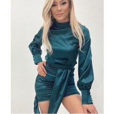 Kiki Newcollettin Saten -Kollu Mini Dökümlü Elbise - Yeşil