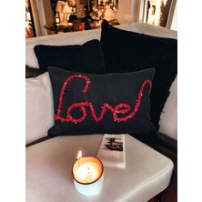 Leila Home Siyah Kırmızı Payetli Love Yazılı Yastık Kırlent Kılıfı