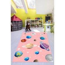 Evdeya Dijital Baskılı Kaymaz Yıkanabilir Uzay Temalı Çocuk Odası Halısı, Çocuk-38-Pembe,
