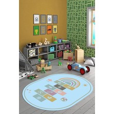 Evdeya Dijital Baskılı Kaymaz Yıkanabilir Seksek Eğitici Oval Çocuk Odası Oyun Halısı, O-Çocuk-31-Mavi,