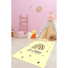 Evdeya Kaymaz Taban Yıkanabilir Be Happy Yazılı Gökküşağı Desenli Çocuk Halısı, Çocuk-14-Sarı,