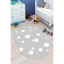Evdeya Dijital Baskılı Kaymaz Yıkanabilir Bulut Desenli Oval Çocuk Odası Halısı, O-Çocuk-08-Gri,