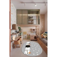 Evdeya Sevimli Kediler Baskılı Yıkanabilir Kaymaz Oval Çocuk Odası Halısı, O-Çocuk-49-Gri,