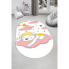 Evdeya Dijital Baskılı Kaymaz Yıkanabilir Sevimli Ayıcık Desen Oval Çocuk Odası Halısı, O-Çocuk-34-Pembe,