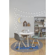 Evdeya Dijital Kaymaz Yıkanabilir Otobüs Safari Desenli Yuvarlak Çocuk Odası Halısı, Y-Çocuk-01-Mavi,