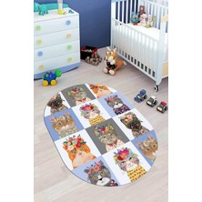 Evdeya Dijital Baskılı Kaymaz Yıkanabilir Renkli Kedi Desenli Oval Çocuk Odası Halısı, O-Çocuk-11-Mavi,