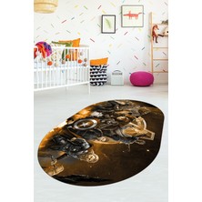 Evdeya Dijital Baskılı Kaymaz Yıkanabilir Çizgifilm Temalı Oval Çocuk Odası Halısı, O-Çocuk-39-Kahve,