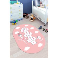 Evdeya Dijital Baskılı Kaymaz Yıkanabilir Seksekli Bulutlu Oval Çocuk Odası Halısı, O-Çocuk-04-Pembe,