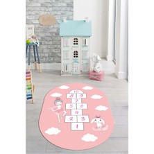 Evdeya Dijital Baskılı Kaymaz Yıkanabilir Seksekli Bulutlu Oval Çocuk Odası Halısı, O-Çocuk-04-Pembe,