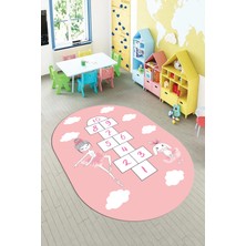 Evdeya Dijital Baskılı Kaymaz Yıkanabilir Seksekli Bulutlu Oval Çocuk Odası Halısı, O-Çocuk-04-Pembe,