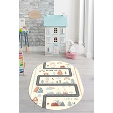 Evdeya Kaymaz Taban Yıkanabilir Trafik Yollu Eğlendirici Oval Çocuk Odası Halısı, O-Çocuk-16-Krem,