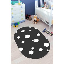 Evdeya Dijital Baskılı Kaymaz Yıkanabilir Bulut Desenli Oval Çocuk Odası Halısı, O-Çocuk-08-Antrasit,