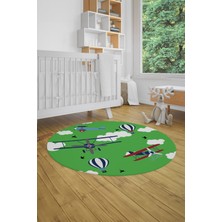 Evdeya Dijital Kaymaz Yıkanabilir Bulut Uçak Desenli Yuvarlak Çocuk Odası Halısı, Y-Çocuk-23-Yeşil,