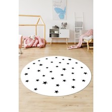 Evdeya Dijital Kaymaz Yıkanabilir Yıldız Desen Yuvarlak Çocuk Odası Oyun Halısı, Y-Çocuk-32-Beyaz,
