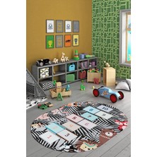 Evdeya Dijital Kaymaz Yıkanabilir Sek Sek Desen Eğlendirici Oval Çocuk Odası Halısı, O-Çocuk-28-Antrasit,