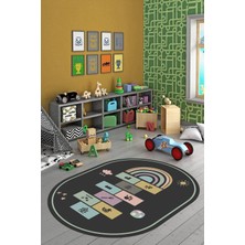 Evdeya Dijital Baskılı Kaymaz Yıkanabilir Seksek Eğitici Oval Çocuk Odası Oyun Halısı, O-Çocuk-31-Antrasit,
