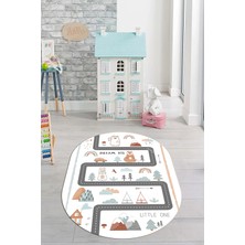 Evdeya Kaymaz Taban Yıkanabilir Trafik Yollu Eğlendirici Oval Çocuk Odası Halısı, O-Çocuk-16-Beyaz,