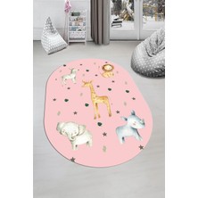 Evdeya Dijital Baskılı Kaymaz Yıkanabilir Zürafa Fil Aslan Oval Çocuk Odası Halısı, O-Çocuk-35-Pembe,