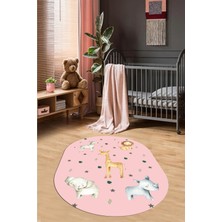 Evdeya Dijital Baskılı Kaymaz Yıkanabilir Zürafa Fil Aslan Oval Çocuk Odası Halısı, O-Çocuk-35-Pembe,