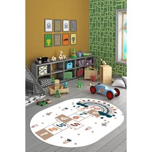 Evdeya Dijital Kaymaz Yıkanabilir Sek Sek Eğlendirici Oval Çocuk Odası Oyun Halısı, O-Çocuk-30-Beyaz,