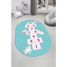 Evdeya Unicornlu Sek Sek Desen Yıkanabilir Eğlenceli Oval Çocuk Odası Oyun Halısı, O-Çocuk-37-Turkuaz,