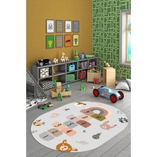 Evdeya Dijital Kaymaz Yıkanabilir Sek Sek Desen Eğlendirici Oval Çocuk Oyun Halısı, O-Çocuk-29-Gri,