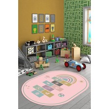 Evdeya Dijital Baskılı Kaymaz Yıkanabilir Seksek Eğitici Oval Çocuk Odası Oyun Halısı, O-Çocuk-31-Pembe,