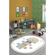 Evdeya Dijital Baskılı Kaymaz Yıkanabilir Seksek Eğitici Oval Çocuk Odası Oyun Halısı, O-Çocuk-31-Beyaz,