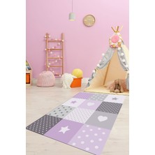 Evdeya Dijital Baskılı Kaymaz Yıkanabilir Yıldız Kalp Desenli Çocuk Odası Halısı, Çocuk-10-Mor,