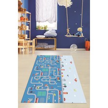 Evdeya Dijital Baskılı Kaymaz Yıkanabilir Şehir Trafik Temalı Çocuk Odası Oyun Halısı, Çocuk-19-Mavi,