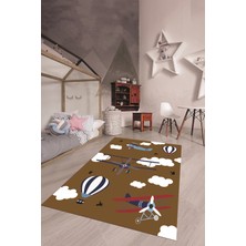 Evdeya Dijital Baskılı Kaymaz Yıkanabilir Bulut Uçak Desenli Çocuk Odası Halısı, Çocuk-23-Kahve,