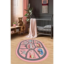 Evdeya Dijital Baskılı Kaymaz Yıkanabilir Trafik Araba Yollu Oval Çocuk Odası Halısı, O-Çocuk-02-Pembe,