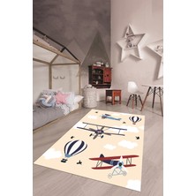 Evdeya Dijital Baskılı Kaymaz Yıkanabilir Bulut Uçak Desenli Çocuk Odası Halısı, Çocuk-23-Krem,