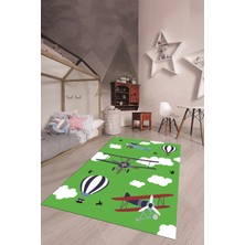 Evdeya Dijital Baskılı Kaymaz Yıkanabilir Bulut Uçak Desenli Çocuk Odası Halısı, Çocuk-23-Yeşil,