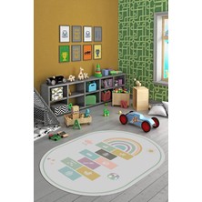 Evdeya Dijital Baskılı Kaymaz Yıkanabilir Seksek Eğitici Oval Çocuk Odası Oyun Halısı, O-Çocuk-31-Gri,