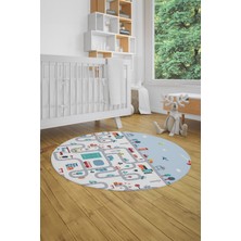 Evdeya Dijital Kaymaz Yıkanabilir Şehir Trafik Temalı Yuvarlak Çocuk Odası Oyun Halısı, Y-Çocuk-19-Renkli,