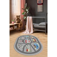Evdeya Dijital Baskılı Kaymaz Yıkanabilir Trafik Araba Yollu Oval Çocuk Odası Halısı, O-Çocuk-02-Gri,